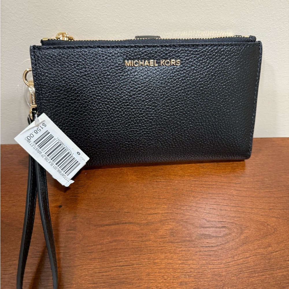 NWT Michael Michael Kors Black double zip  Wristlet Wallet-32T7GAFW4L